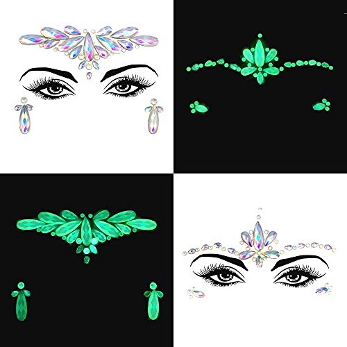 Le Fu Li 8 Sets Noctilucent Face Gems Luminous Temporary Tattoo Stickers Acrylic Crystal Glitter Stickers Waterproof Face Jewels Rainbow Tears Rhinestone for Party, Rave Festival