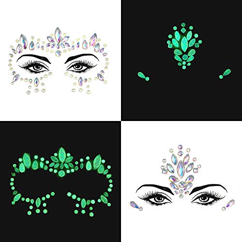 Le Fu Li 8 Sets Noctilucent Face Gems Luminous Temporary Tattoo Stickers Acrylic Crystal Glitter Stickers Waterproof Face Jewels Rainbow Tears Rhinestone for Party, Rave Festival