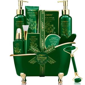 birthday gifts for women and men who have everything, eucalyptus spa gift baskets for women, mom, 16pc bath gift set for birthday gifts for women, body self care set for pampering & relaxation basket