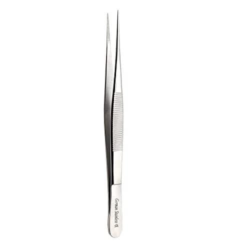 Professional Stainless Steel Tweezers 5.5" with Fine Serrated Precision Straight Tips for Facial Hair, Splinter and Ingrown Hair Removal Used by Women & Men