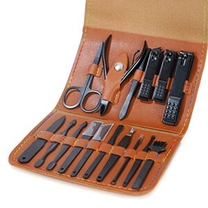 PLUSURS Manicure Pedicure Set Nail Grooming Kit -Stainless Steel Sharp Nail Clipper for Men or Women's Fingernail and Ingrown Toenail,with Nail File and Cuticle Trimmer in(16 in 1,Brown)