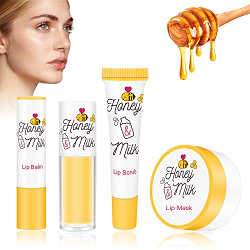 LSxia 4 Piece Honey Milk Lip Mask Lip Balm Lip Scrub Lip Oil Lip Care Kit, Moisturizing & Nourishing Dry and Cracked Lips, Overnight Sleeping Lip Exfoliator Lip Moisturizer Lip Repair Holiday Gift Set