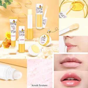 LSxia 4 Piece Honey Milk Lip Mask Lip Balm Lip Scrub Lip Oil Lip Care Kit, Moisturizing & Nourishing Dry and Cracked Lips, Overnight Sleeping Lip Exfoliator Lip Moisturizer Lip Repair Holiday Gift Set