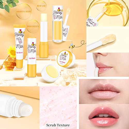 LSxia 4 Piece Honey Milk Lip Mask Lip Balm Lip Scrub Lip Oil Lip Care Kit, Moisturizing & Nourishing Dry and Cracked Lips, Overnight Sleeping Lip Exfoliator Lip Moisturizer Lip Repair Holiday Gift Set