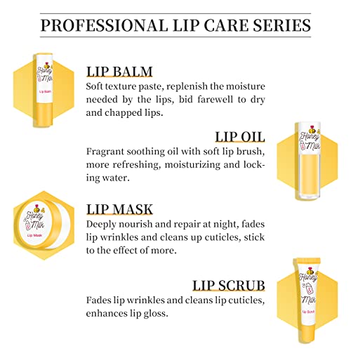 LSxia 4 Piece Honey Milk Lip Mask Lip Balm Lip Scrub Lip Oil Lip Care Kit, Moisturizing & Nourishing Dry and Cracked Lips, Overnight Sleeping Lip Exfoliator Lip Moisturizer Lip Repair Holiday Gift Set