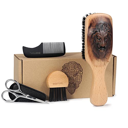 Beard Brush，BESTOOL Boar Bristle Beard Brush Comb Set for Men Wooden Beard Brush Grooming Kit for Growth, Styling, Smoothing, Makes a Great Gift for Him