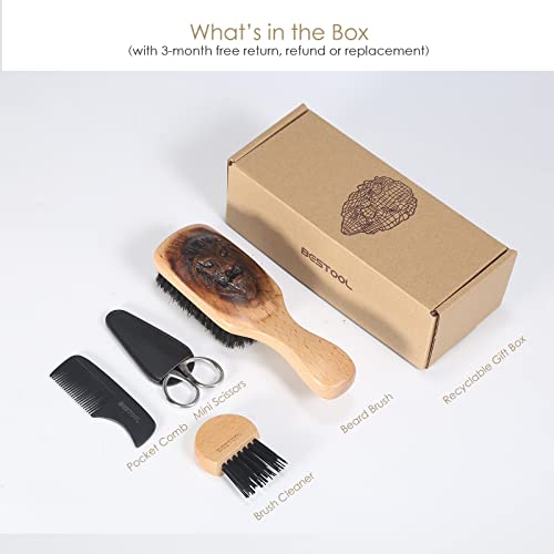 Beard Brush，BESTOOL Boar Bristle Beard Brush Comb Set for Men Wooden Beard Brush Grooming Kit for Growth, Styling, Smoothing, Makes a Great Gift for Him