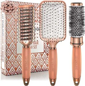 hair brush set – luxury hairbrushes for detangling, blow drying, straightening – suitable for all hair types by lily england (rose gold)