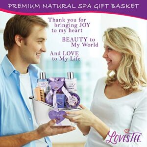 Relaxing Lavender Spa Bath Gift Baskets for Women-Girls, Christmas, Birthday, Bath and Body Set-Kit Includes Candle, Essential Oil, Body Scrub, Bath Salt, Body Lotion, Shower Gel and Body Scrub Brush