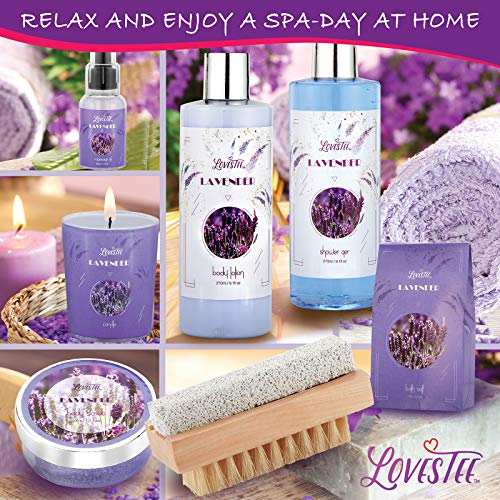 Relaxing Lavender Spa Bath Gift Baskets for Women-Girls, Christmas, Birthday, Bath and Body Set-Kit Includes Candle, Essential Oil, Body Scrub, Bath Salt, Body Lotion, Shower Gel and Body Scrub Brush