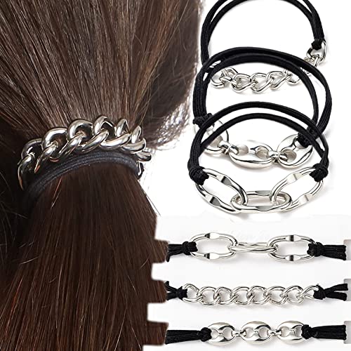 Bracelet Hair Ties With Gold Silvery and Beige Elastic,2 in 1 No Crease Hair Ponytails & Elastic,Looks Cute On Your Wrist And Great In Your Hair (3PCS, Black Silver-A)