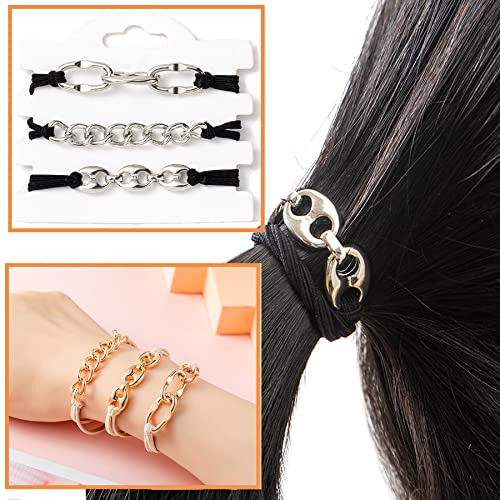 Bracelet Hair Ties With Gold Silvery and Beige Elastic,2 in 1 No Crease Hair Ponytails & Elastic,Looks Cute On Your Wrist And Great In Your Hair (3PCS, Black Silver-A)