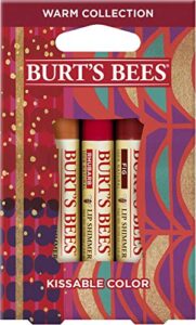 burt’s bees kissable color holiday gift set, 3 lip shimmers in gift box, warm collection in peony, fig & rhubarb