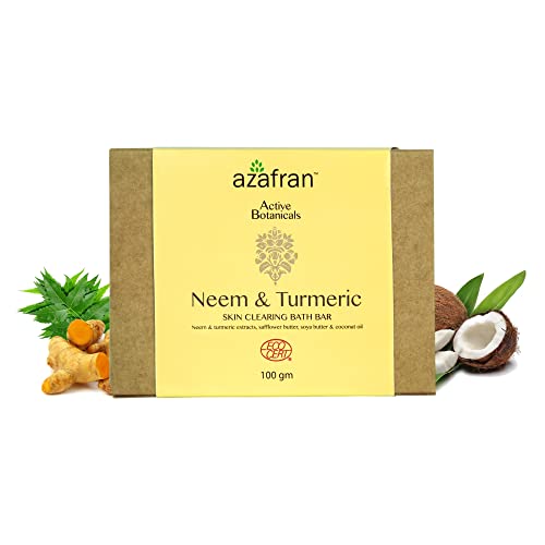 Azafran Neem & Turmeric Skin Clearing Bath Bar, Organic Natural Soap Bar for Oily, Acne-Prone & Sensitive Skin, Handmade Soap in India