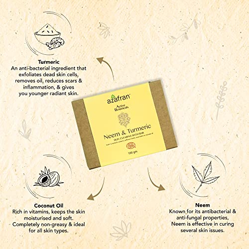 Azafran Neem & Turmeric Skin Clearing Bath Bar, Organic Natural Soap Bar for Oily, Acne-Prone & Sensitive Skin, Handmade Soap in India