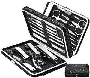 esarora manicure set, 20 in 1 stainless steel professional pedicure kit nail scissors grooming kit with mirror and black leather travel case, double layer