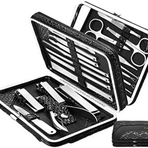 ESARORA Manicure Set, 20 in 1 Stainless Steel Professional Pedicure Kit Nail Scissors Grooming Kit with Mirror and Black Leather Travel Case, Double Layer