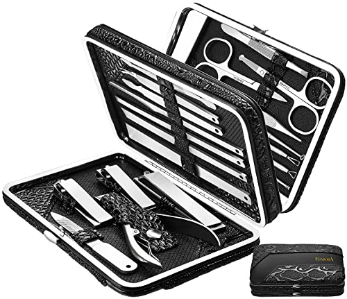 ESARORA Manicure Set, 20 in 1 Stainless Steel Professional Pedicure Kit Nail Scissors Grooming Kit with Mirror and Black Leather Travel Case, Double Layer