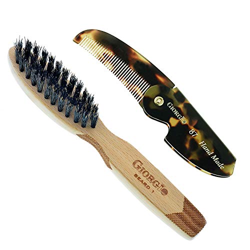 Giorgio G87 2.5 Inch Gentleman's Tokyo Folding Pocket Comb, Flexible Men's Hair, Beard and Mustache Pocket Comb. Hand-Made of quality Durable Cellulose Acetate + GBRD1 6 Inch Beard and Mustache Brush