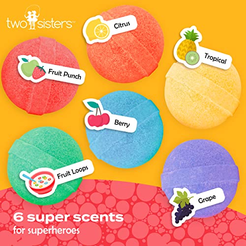 Two Sisters Bubble Bath Bombs Superhero Surprise Set for Kids | Super Hero Toys Inside | 6-Pack Set in a Gift Box | Safe for Sensitive Skin | Fizzy and Bubbly Bath Balls for Boys & Girls