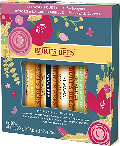 Burt's Bees Gifts, 4 Lip Balm Products, Balm Bouquet Spring Set - Classic Beeswax, Vanilla Bean, Cucumber Mint & Coconut Pear (4 Pack)