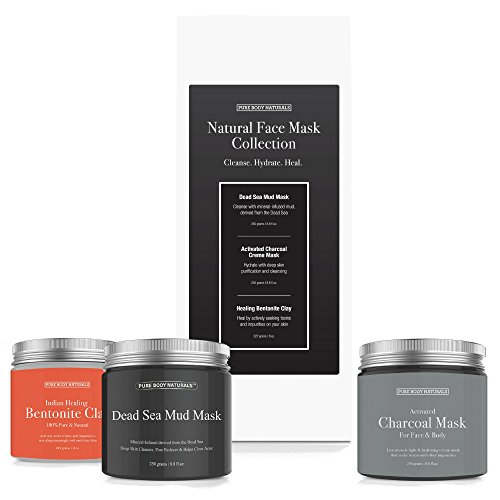 Face Mask Gift Set - includes Natural Mud Mask, Clay Mask and Charcoal Face Mask - Facial Self Care Gift for Women, Mother, Wife - by Pure Body Naturals (3 Jars, 8.8 oz. Each)