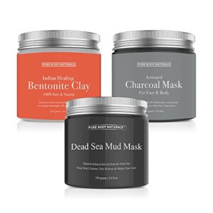 Face Mask Gift Set - includes Natural Mud Mask, Clay Mask and Charcoal Face Mask - Facial Self Care Gift for Women, Mother, Wife - by Pure Body Naturals (3 Jars, 8.8 oz. Each)