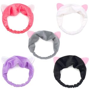 Onwon 5 Pcs Cat Ear Headbands, Washing Face Shower Headbands, Fluffy Elastic Makeup Hairbands, Beauty lovely Spa Head Bands, Makeup Wrap, Elastic Makeup Hair Bands for Spa Sport