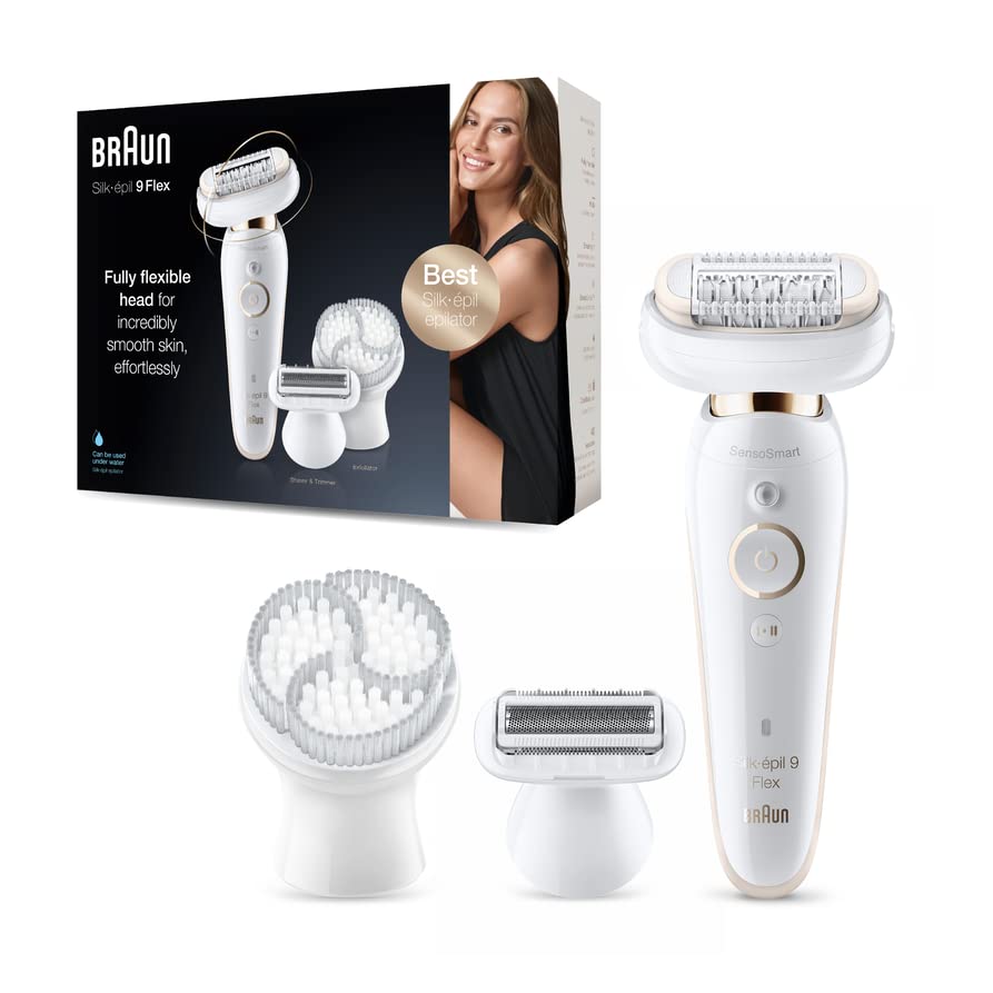 Braun Epilator Silk-épil 9 9-030 with Flexible Head, Facial Hair Removal for Women and Men, Shaver & Trimmer, Cordless, Rechargeable, Wet & Dry, Beauty Kit with Body Massage Pad