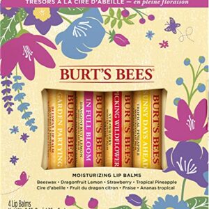 Burt's Bees Gifts, 4 Lip Balm Products, In Full Bloom Set - Original Beeswax, Dragonfruit Lemon, Tropical Pineapple & Strawberry (4 Pack)