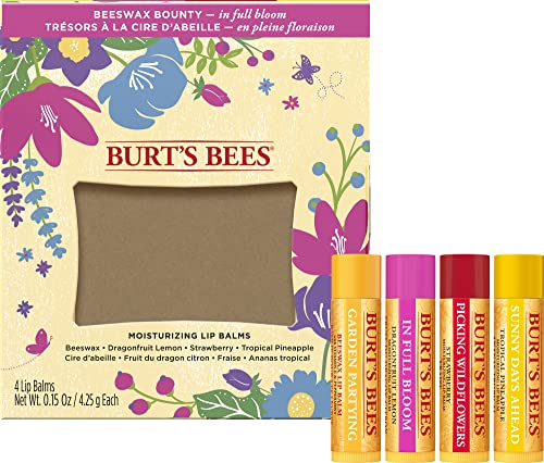 Burt's Bees Gifts, 4 Lip Balm Products, In Full Bloom Set - Original Beeswax, Dragonfruit Lemon, Tropical Pineapple & Strawberry (4 Pack)