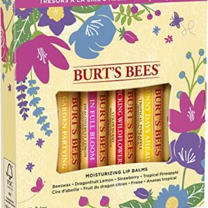 Burt's Bees Gifts, 4 Lip Balm Products, In Full Bloom Set - Original Beeswax, Dragonfruit Lemon, Tropical Pineapple & Strawberry (4 Pack)