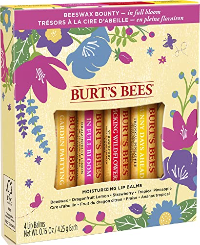 Burt's Bees Gifts, 4 Lip Balm Products, In Full Bloom Set - Original Beeswax, Dragonfruit Lemon, Tropical Pineapple & Strawberry (4 Pack)