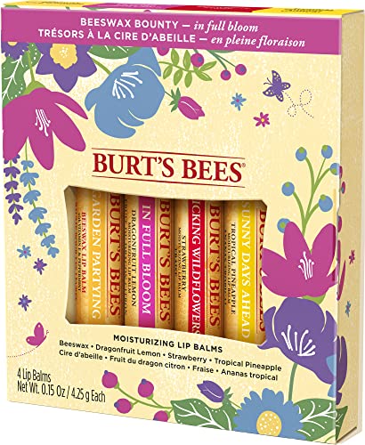 Burt's Bees Gifts, 4 Lip Balm Products, In Full Bloom Set - Original Beeswax, Dragonfruit Lemon, Tropical Pineapple & Strawberry (4 Pack)