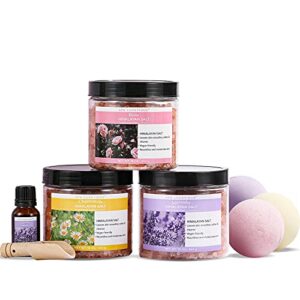 epsom salt for soaking – 8pcs pink himalayan bath salts gift set with essential oil, bath bombs, wooden scoop, revitalize and soothes skin, bath sets for women gift spa gifts set for valentine’s day
