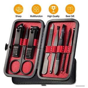 Manicure Set Pedicure Kit Nail Clippers Set 8 in1 High Precision Stainless Steel Cutter File Sharp Scissors for Men & Women Fingernails & Toenails Vibrissac Scissors with Stylish Case (black&red_8in1)