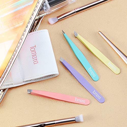 Tweezers for Eyebrows, Slant Tip and Pointed Eyebrow Tweezer Set Great Precision for Eyebrows Facial Hair, Ingrown Hair, Splinter, Blackhead and Tick Remover (4-piece) (Multi-color)