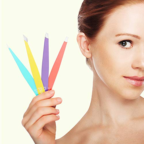 Tweezers for Eyebrows, Slant Tip and Pointed Eyebrow Tweezer Set Great Precision for Eyebrows Facial Hair, Ingrown Hair, Splinter, Blackhead and Tick Remover (4-piece) (Multi-color)