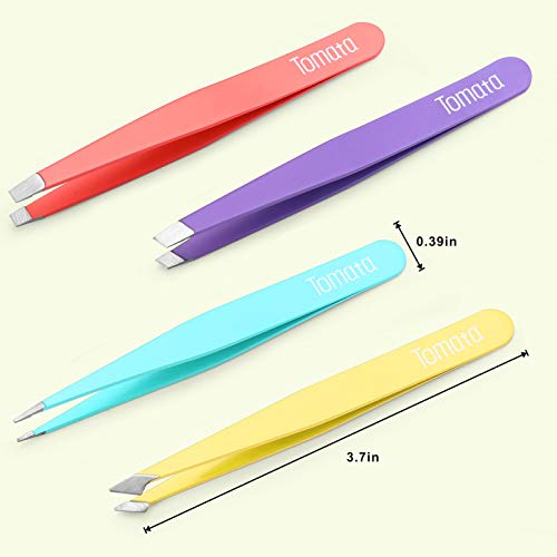 Tweezers for Eyebrows, Slant Tip and Pointed Eyebrow Tweezer Set Great Precision for Eyebrows Facial Hair, Ingrown Hair, Splinter, Blackhead and Tick Remover (4-piece) (Multi-color)