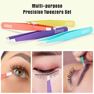 Tweezers for Eyebrows, Slant Tip and Pointed Eyebrow Tweezer Set Great Precision for Eyebrows Facial Hair, Ingrown Hair, Splinter, Blackhead and Tick Remover (4-piece) (Multi-color)