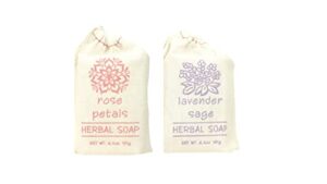 greenwich bay trading set of 2 herbal soaps – each individually wrapped in a drawstring cloth sack – enriched with shea butter & virgin olive oil and infused with fresh botanical scents – 6.4 oz each (lavender sage & rose petal)