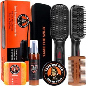 tame the wild pro beard straightener kit – heated beard brush for men – 12 temp settings – beard grooming kit with heat protector spray, beard soap, beard balm, comb & travel case – gift set