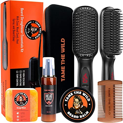 Tame The Wild Pro Beard Straightener Kit - Heated Beard Brush for Men - 12 Temp Settings - Beard Grooming Kit with Heat Protector Spray, Beard Soap, Beard Balm, Comb & Travel Case - Gift Set