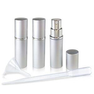 refillable perfume & cologne fine mist atomizers with metallic exterior & glass interior – 5ml portable travel size – 3ml squeeze transfer pipette included (3 pack, silver)
