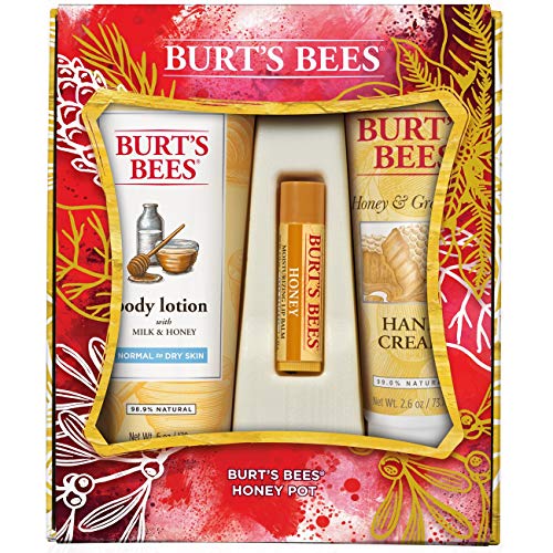 Burt's Bees Honey Pot Holiday Gift Set, 3 Honey Skin Care Products - Milk & Honey Body Lotion, Honey & Grapeseed Hand Cream and Honey Lip Balm