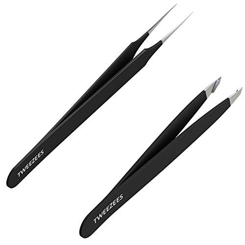 Tweezees Precision Black Stainless Steel Tweezers | Professional Slant Tip & Splinter Tip Tweezer For Eyebrows | Extra Sharp Hair Removal Tool | For Eyebrow Shaping | For Men And Women