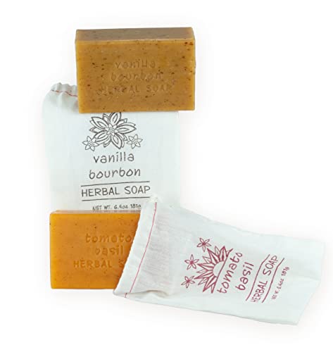 Greenwich Bay Trading Set of 2 Herbal Soaps Tomato Basil and Vanilla Bourbon- 6.4 Oz Bars Wrapped in Drawstring Cloth Sacks-Enriched with Shea Butter, Virgin Olive Oil and Fresh Botanical Scents