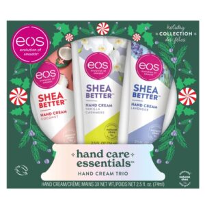 eos holiday collection, hand care essentials, hand cream trio- coconut, vanilla cashmere, and lavender, 24-hour hydration, 2.5 oz, 3-pack, clear
