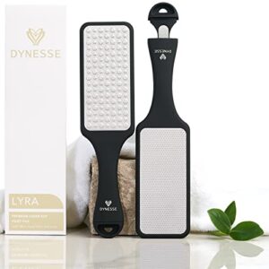 dynesse pedicure foot file. professional 3-in-1 callus remover with mini-file. no risk of injury. laser-cut. stainless steel. scrubber. reusable
