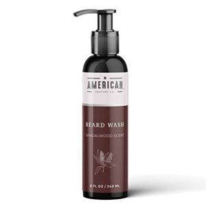 american shaving co beard wash with sandalwood scent, jojoba oil & argan oil, soothing & moisturizing beard care for all types of skin & beard hair, softens and soothes the beard itches, a sandalwood scent infused natural beard cream, 8 oz